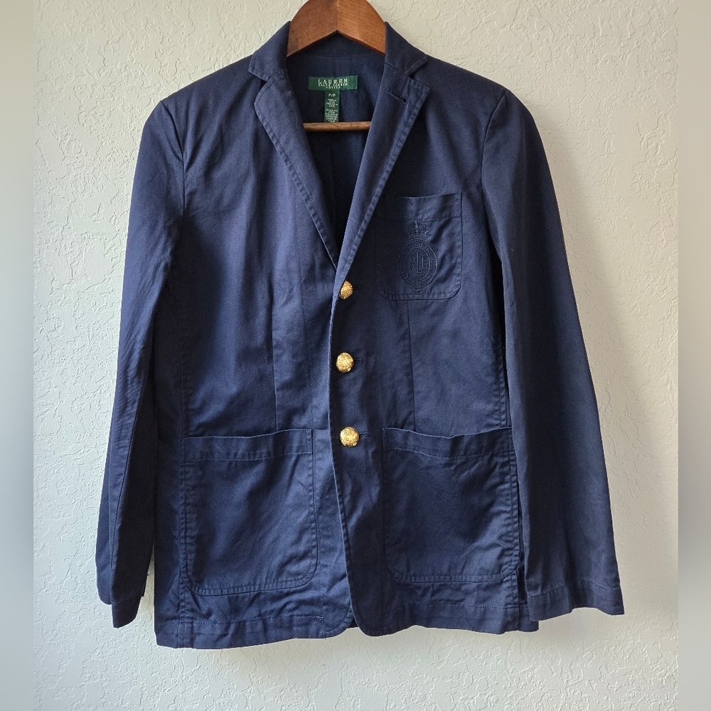 Ralph‎ Lauren Blue Blazer Jacket with Embroidered Logo and gold buttons Small
